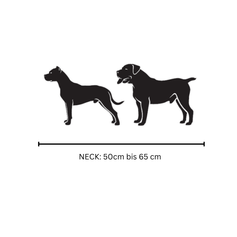 Größentabelle für Hundehalsbänder von Strong Dogs U.S. mit Silhouetten verschiedener Hunderassen und den empfohlenen Halsumfang-Größen: One Size (50-65cm)