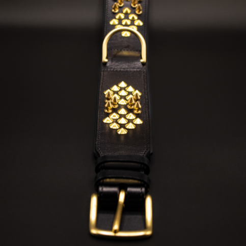 Nahaufnahme des Sam-Halsbands von Strong Dogs U.S. mit Fokus auf die asymmetrische Anordnung goldener Spikes und massiver D-Ring-Halterung.