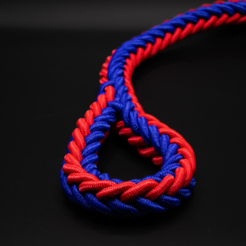Detailaufnahme der Power-Leash in Rot-Blau – Fokus auf den geflochtenen Griff und die Metallverbindung.