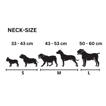Größentabelle für Hundehalsbänder von Strong Dogs U.S. mit Silhouetten verschiedener Hunderassen und den empfohlenen Halsumfang-Größen: S (33–43 cm), M (43–53 cm), L (50–60 cm).