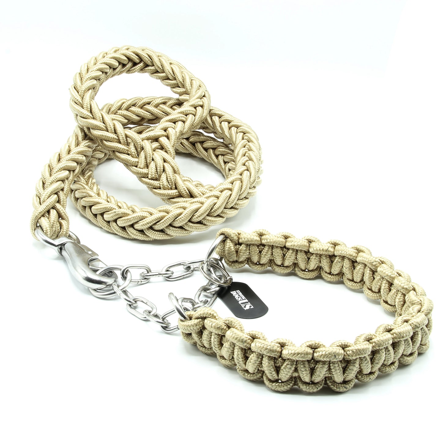 Geflochtene Power-Leash "Diamond" von Strong Dogs U.S. in Frontalansicht – auffälliges Diamantmuster im Design kombiniert mit robusten Metallverbindungen.