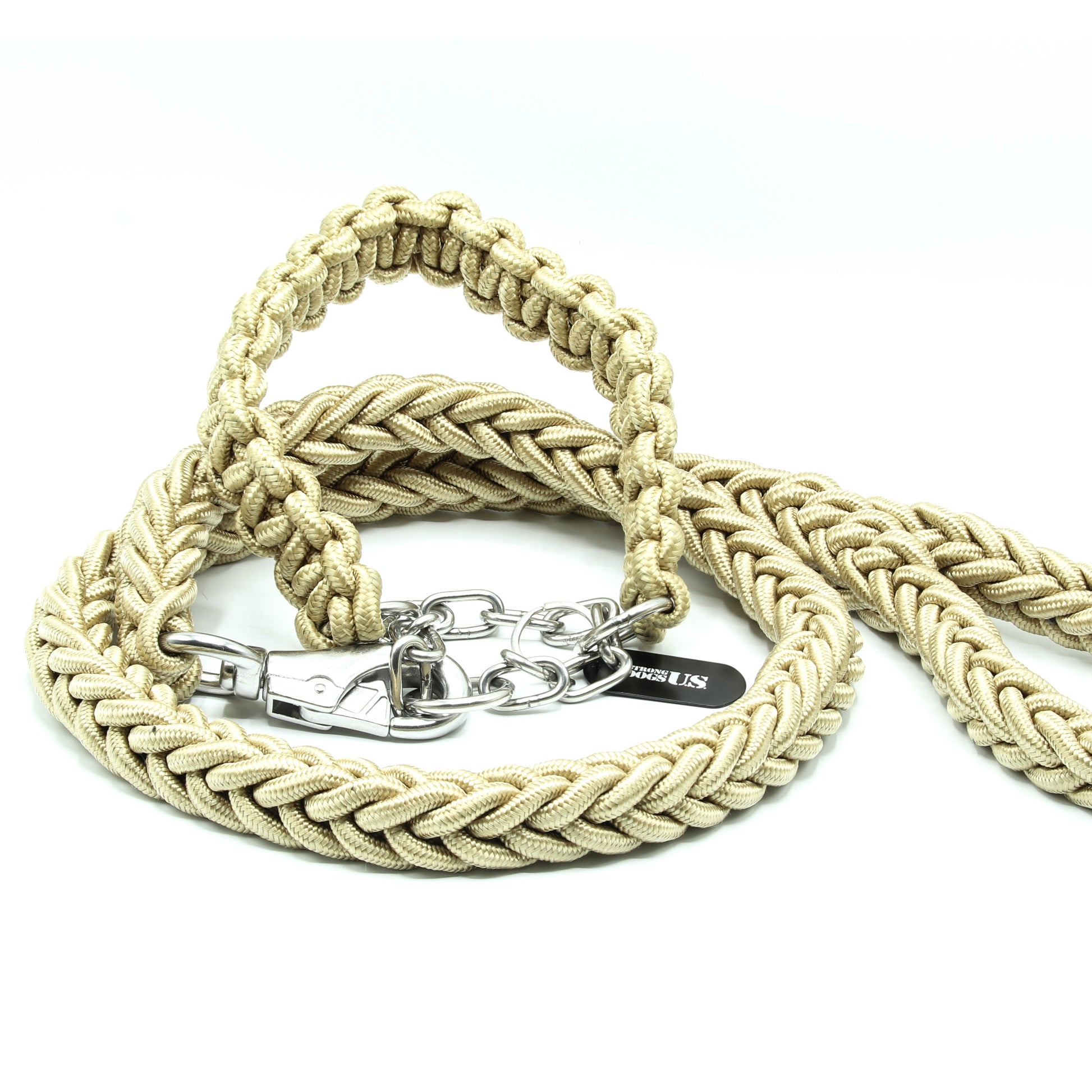 Geflochtene Power-Leash "Diamond" von Strong Dogs U.S. in Frontalansicht – auffälliges Diamantmuster im Design kombiniert mit robusten Metallverbindungen.