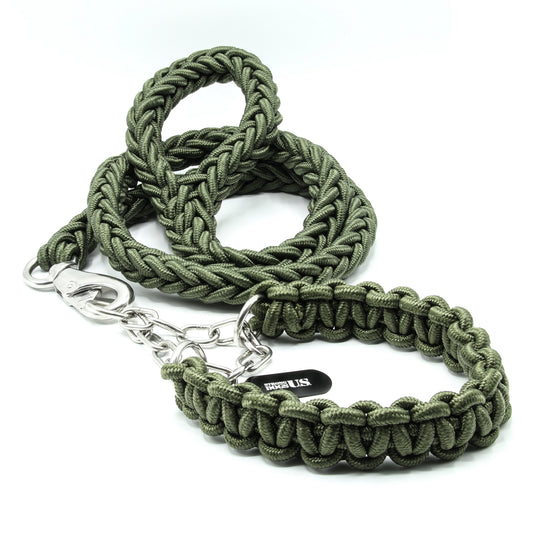 Power Leash Diamond in Gruen von Strong Dogs U.S. – geflochtenes Paracord-Design mit stabiler Kette und glänzendem Karabiner in Frontalansicht.
